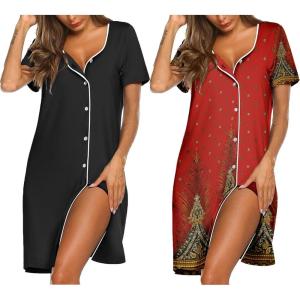 imageEkouaer Nightgowns for Women 2 Pack Button Down Sleepshirt Short Sleeve Nightshirt Soft Sleepwear V Neck Pajama DressBlackRed Feather