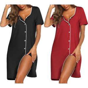 imageEkouaer Nightgowns for Women 2 Pack Button Down Sleepshirt Short Sleeve Nightshirt Soft Sleepwear V Neck Pajama DressBlackWine Red