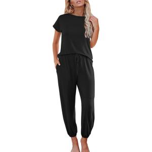 imageEkouaer Pajamas for Women 2 Piece Lounge Sets Cap Sleeve Loungewear Top with Joggers Pants SXXLBlack