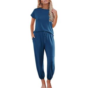 imageEkouaer Pajamas for Women 2 Piece Lounge Sets Cap Sleeve Loungewear Top with Joggers Pants SXXLDark Blue