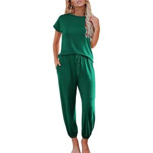 imageEkouaer Pajamas for Women 2 Piece Lounge Sets Cap Sleeve Loungewear Top with Joggers Pants SXXLDark Green