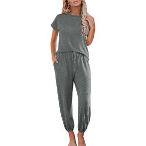 imageEkouaer Pajamas for Women 2 Piece Lounge Sets Cap Sleeve Loungewear Top with Joggers Pants SXXLDark Grey