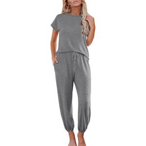 imageEkouaer Pajamas for Women 2 Piece Lounge Sets Cap Sleeve Loungewear Top with Joggers Pants SXXLLight Grey