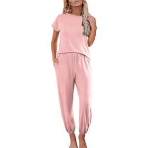 imageEkouaer Pajamas for Women 2 Piece Lounge Sets Cap Sleeve Loungewear Top with Joggers Pants SXXLLight Pink