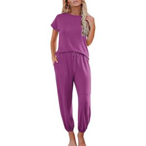 imageEkouaer Pajamas for Women 2 Piece Lounge Sets Cap Sleeve Loungewear Top with Joggers Pants SXXLViolet