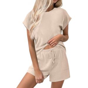 imageEkouaer Pajamas for Women Ribbed Knit Lounge Set Cap Sleeve Top and Shorts Loungewear Sleepwear with Pockets SXXLBeige