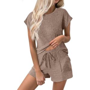 imageEkouaer Pajamas for Women Ribbed Knit Lounge Set Cap Sleeve Top and Shorts Loungewear Sleepwear with Pockets SXXLBrown
