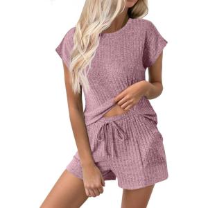 imageEkouaer Pajamas for Women Ribbed Knit Lounge Set Cap Sleeve Top and Shorts Loungewear Sleepwear with Pockets SXXLFuchsia