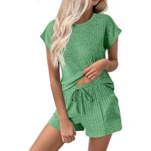 imageEkouaer Pajamas for Women Ribbed Knit Lounge Set Cap Sleeve Top and Shorts Loungewear Sleepwear with Pockets SXXLGreen