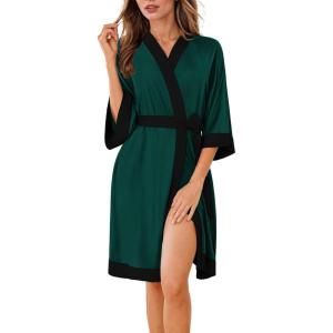imageEkouaer Robes for Women Knee Length Bathrobe Lightweight Kimono Robe 34 Sleeve Knit Sleepwear with PocketsLake Green