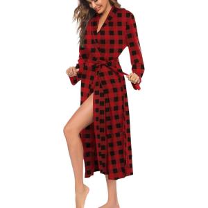 imageEkouaer Robes for Women Long Sleeve Knit Kimono Bathrobe Soft Lightweight Loungewear Ladies Cotton SleepwearBlack Plaid