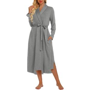 imageEkouaer Robes for Women Long Sleeve Knit Kimono Bathrobe Soft Lightweight Loungewear Ladies Cotton SleepwearLight Grey