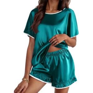 imageEkouaer Satin Pajama Set for Women 2 Piece Silk Pjs Soft Short Sleeve Sleepwear Top with Ruffle Shorts SXXLBlue Green