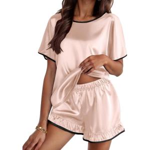 imageEkouaer Satin Pajama Set for Women 2 Piece Silk Pjs Soft Short Sleeve Sleepwear Top with Ruffle Shorts SXXLChampagne