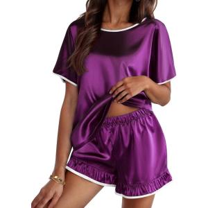imageEkouaer Satin Pajama Set for Women 2 Piece Silk Pjs Soft Short Sleeve Sleepwear Top with Ruffle Shorts SXXLPurple