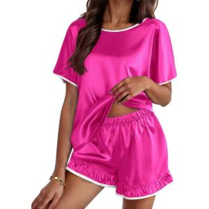 imageEkouaer Satin Pajama Set for Women 2 Piece Silk Pjs Soft Short Sleeve Sleepwear Top with Ruffle Shorts SXXLRose Red