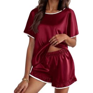 imageEkouaer Satin Pajama Set for Women 2 Piece Silk Pjs Soft Short Sleeve Sleepwear Top with Ruffle Shorts SXXLWine Red