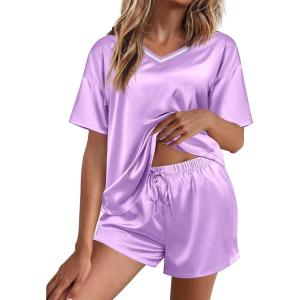 imageEkouaer Satin Pajama Set for Women 2 piece Silky Pj Set Soft Short Sleeve Sleepwear Summer Loungewear SXXLLilac