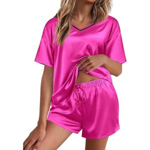 imageEkouaer Satin Pajama Set for Women 2 piece Silky Pj Set Soft Short Sleeve Sleepwear Summer Loungewear SXXLRose Red