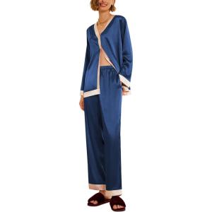 imageEkouaer Sexy Pajamas for Women Satin Pjs Set Two Piece Sleeping Set Long Silk Pajamas SetsNavy BlueXXL