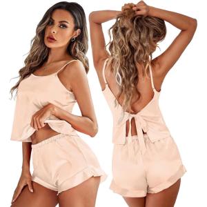 imageEkouaer Silk Pajamas Set Women Satin Sleepwear Ruffled Camisole Shorts Pjs Nightwear XXL Beige