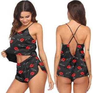 imageEkouaer Silk Pajamas Set for Women Satin Backless Lingerie Pjs Cami Top and Shorts NightwearRed Lips