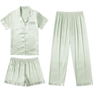 imageEkouaer Silk Satin Pajama Set for Women Soft Short Sleeve Button Down Pj Sets 3 Piece Sleepwear Loungewear SXXLLight Green