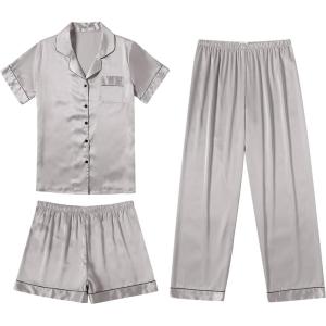 imageEkouaer Silk Satin Pajama Set for Women Soft Short Sleeve Button Down Pj Sets 3 Piece Sleepwear Loungewear SXXLLight Grey