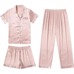 imageEkouaer Silk Satin Pajama Set for Women Soft Short Sleeve Button Down Pj Sets 3 Piece Sleepwear Loungewear SXXLLotus Pink