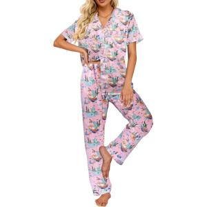 imageEkouaer Silk Satin Pajamas Set Women Short Sleeve Sleepwear Soft Button Down Loungewear Pjs SetCat Print