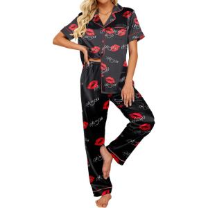 imageEkouaer Silk Satin Pajamas Set Women Short Sleeve Sleepwear Soft Button Down Loungewear Pjs SetLove Lips