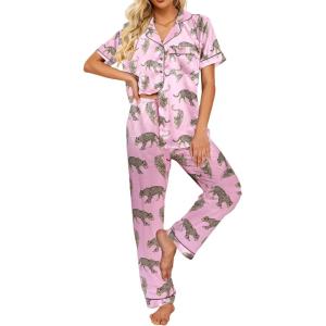imageEkouaer Silk Satin Pajamas Set Women Short Sleeve Sleepwear Soft Button Down Loungewear Pjs SetPink Leopard
