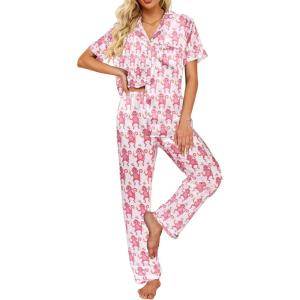 imageEkouaer Silk Satin Pajamas Set Women Short Sleeve Sleepwear Soft Button Down Loungewear Pjs SetPink Monkey
