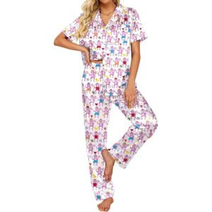 imageEkouaer Silk Satin Pajamas Set Women Short Sleeve Sleepwear Soft Button Down Loungewear Pjs SetPurple Monkey