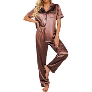 imageEkouaer Silk Satin Pajamas Set Women Short Sleeve Sleepwear Soft Button Down Loungewear Pjs SetSudan Brown