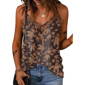 imageEkouaer Silk Tank Top for Women Mesh V Neck Satin Camisole Silky Sleeveless Tank Cami ShirtBrown Leaf