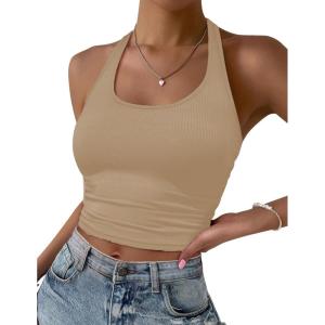 imageEkouaer Women Halter Top Backless Scroop Neck Slim Stretchy Ribbed Knit Camisole Crop Tops SXXLBeige