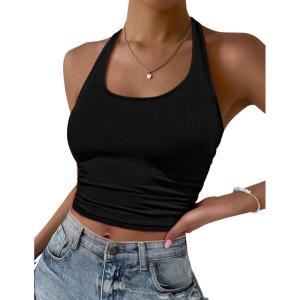 imageEkouaer Women Halter Top Backless Scroop Neck Slim Stretchy Ribbed Knit Camisole Crop Tops SXXLBlack