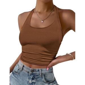 imageEkouaer Women Halter Top Backless Scroop Neck Slim Stretchy Ribbed Knit Camisole Crop Tops SXXLBrown