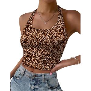 imageEkouaer Women Halter Top Backless Scroop Neck Slim Stretchy Ribbed Knit Camisole Crop Tops SXXLBrown Leopard