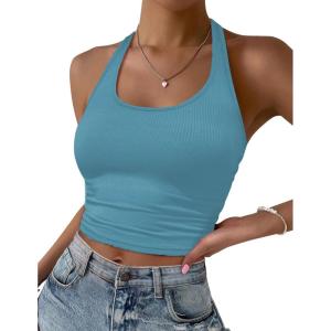 imageEkouaer Women Halter Top Backless Scroop Neck Slim Stretchy Ribbed Knit Camisole Crop Tops SXXLClear Blue