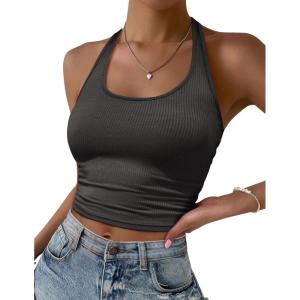imageEkouaer Women Halter Top Backless Scroop Neck Slim Stretchy Ribbed Knit Camisole Crop Tops SXXLDark Gray