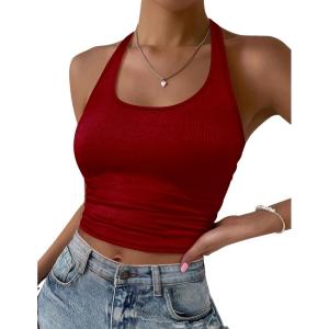 imageEkouaer Women Halter Top Backless Scroop Neck Slim Stretchy Ribbed Knit Camisole Crop Tops SXXLDeep Red