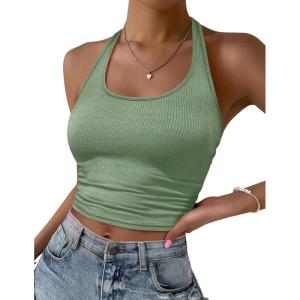imageEkouaer Women Halter Top Backless Scroop Neck Slim Stretchy Ribbed Knit Camisole Crop Tops SXXLGray Green