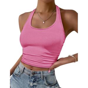 imageEkouaer Women Halter Top Backless Scroop Neck Slim Stretchy Ribbed Knit Camisole Crop Tops SXXLHot Pink