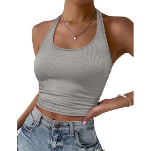 imageEkouaer Women Halter Top Backless Scroop Neck Slim Stretchy Ribbed Knit Camisole Crop Tops SXXLLight Gray