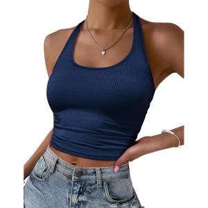 imageEkouaer Women Halter Top Backless Scroop Neck Slim Stretchy Ribbed Knit Camisole Crop Tops SXXLNavy