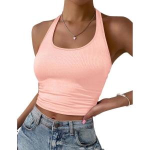 imageEkouaer Women Halter Top Backless Scroop Neck Slim Stretchy Ribbed Knit Camisole Crop Tops SXXLPink