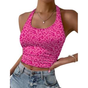 imageEkouaer Women Halter Top Backless Scroop Neck Slim Stretchy Ribbed Knit Camisole Crop Tops SXXLPink Leopard