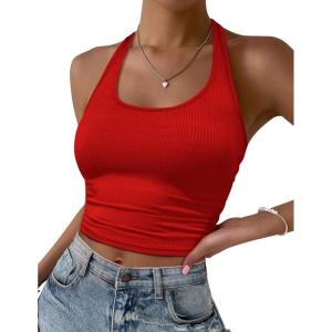 imageEkouaer Women Halter Top Backless Scroop Neck Slim Stretchy Ribbed Knit Camisole Crop Tops SXXLRed